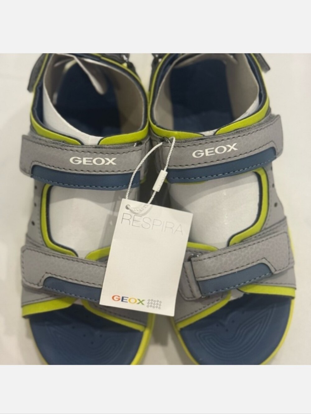 New Geox Kids' Breathable Gray & Blue Sandals with Lime Accents Size 2